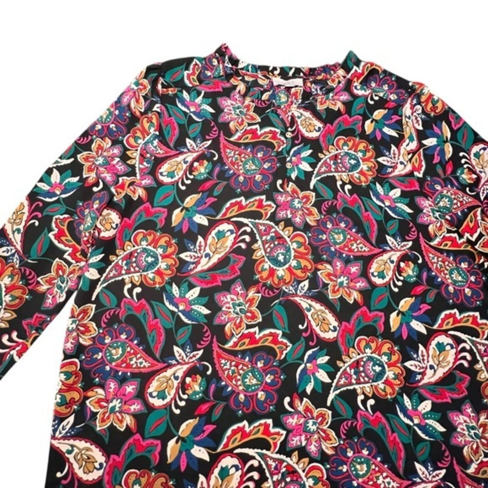Loft Outlet Lightweight Top Dark Floral Paisley Blouse Band Collar Long Sleeve